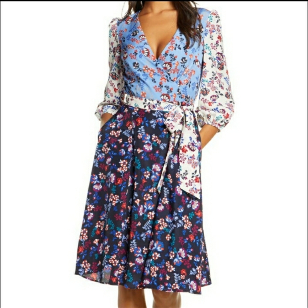 1901 Colorblock Floral Faux Wrap Dress 24 nwt